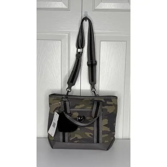 Betsey Johnson Camo Tote Bag with Heart Charm & Fuzzy Pom – NWT